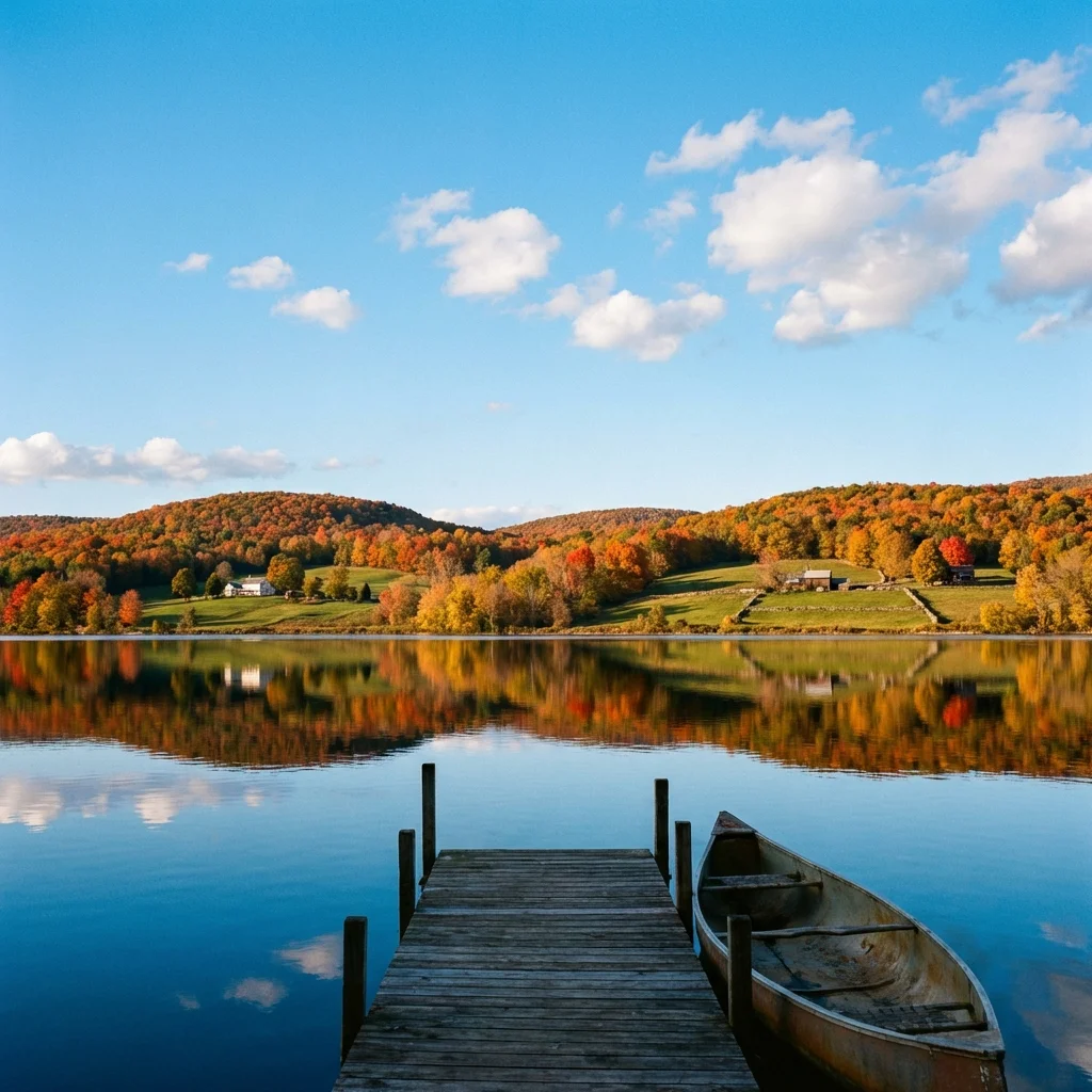 Beautiful autumn view of Otisco Lake with colorful foliage